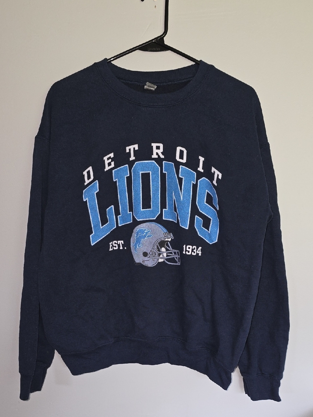 27 - Gildan Navy Detroit Lions Crewneck Sweatshirt with Light Blue Logo